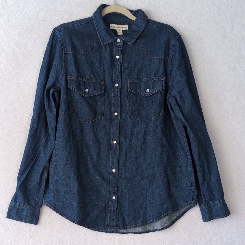 Alexander Jordan‎ Women's Dark Wash Snap Button Down Oversized Shirt Size S